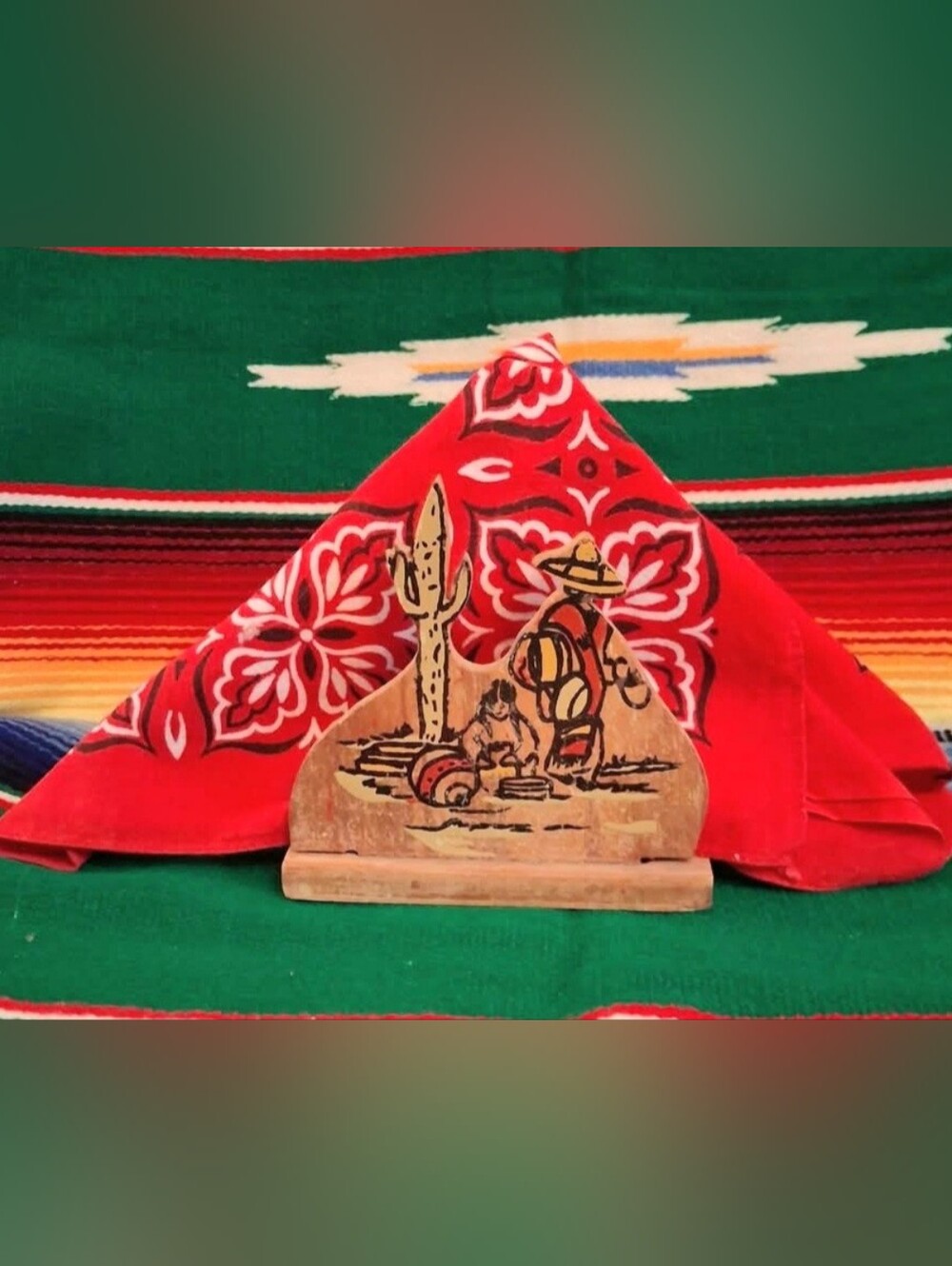 VTG Hand-Painted Wooden Napkin Holder with Mexican Motif